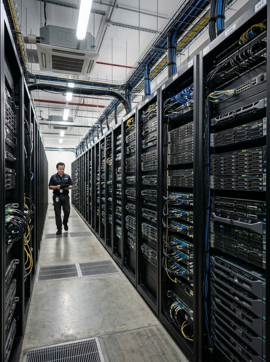 Greg Cassar walking the aisle of a corporate data centre during his IT Enterprise Architect years.