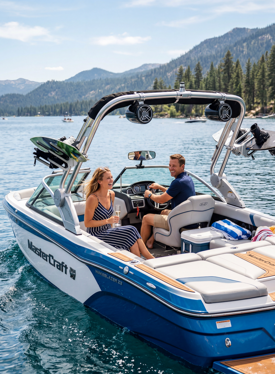 Couple on a luxury speedboat on an alpine lake