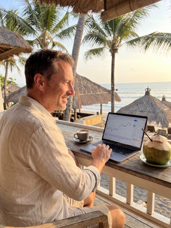 Man working on stock charts at a Bali beach cafe