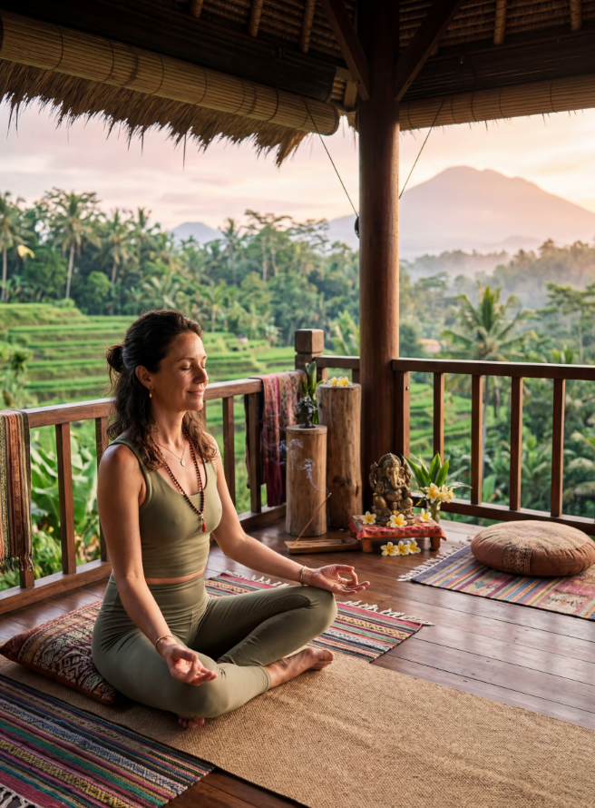 Woman meditating on a Balinese pavilion at sunrise